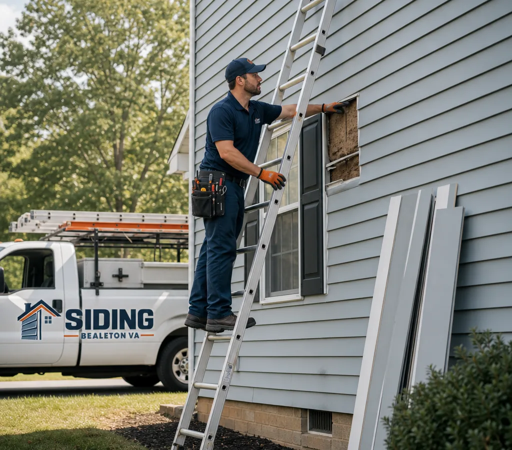 Technician inspecting damaged exterior siding on a Bealeton-area home with a safely positioned ladder and replacement panels staged nearby