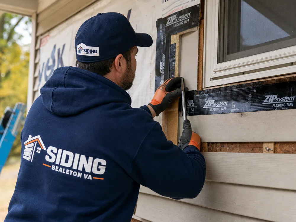Siding repair in progress with the panel removed to show housewrap and properly layered flashing tape around a window