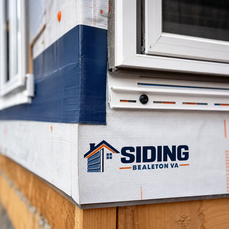 Properly layered window flashing tape, weather barrier overlap, and siding trim details