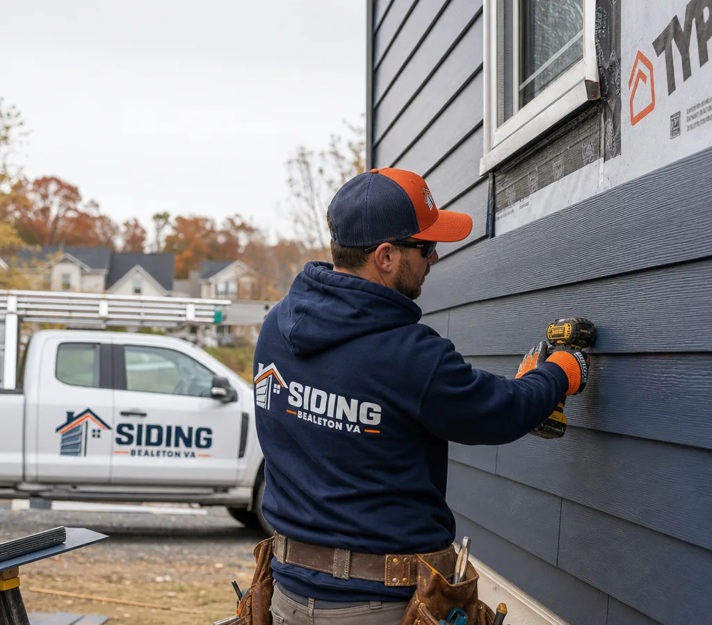 Installer fastening new lap siding on a Bealeton-area home with housewrap and window flashing visible