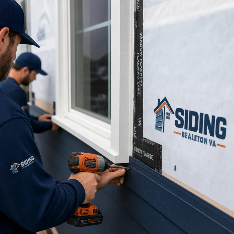 Close-up of siding replacement at a window showing lapped housewrap, flashing tape, new trim, and correctly fastened siding courses