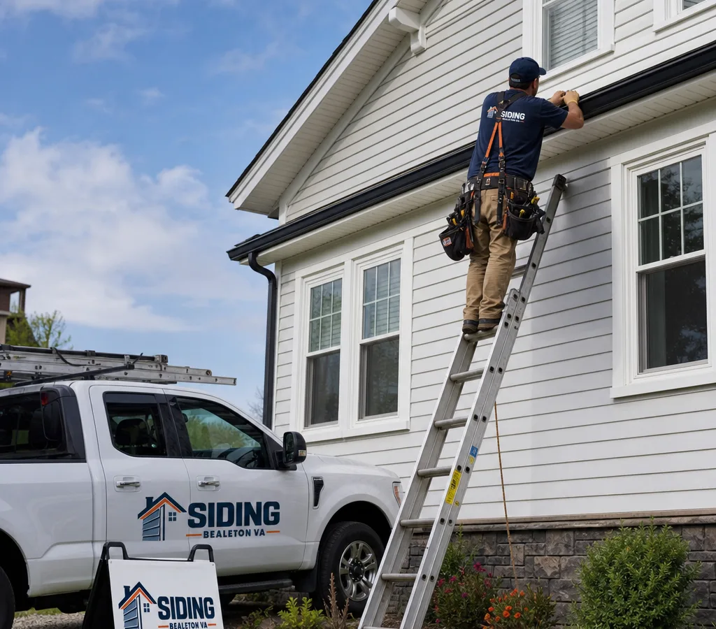 Contractor installing new house siding on a single-family home with ladders, safety equipment, straight courses, and clean trim lines