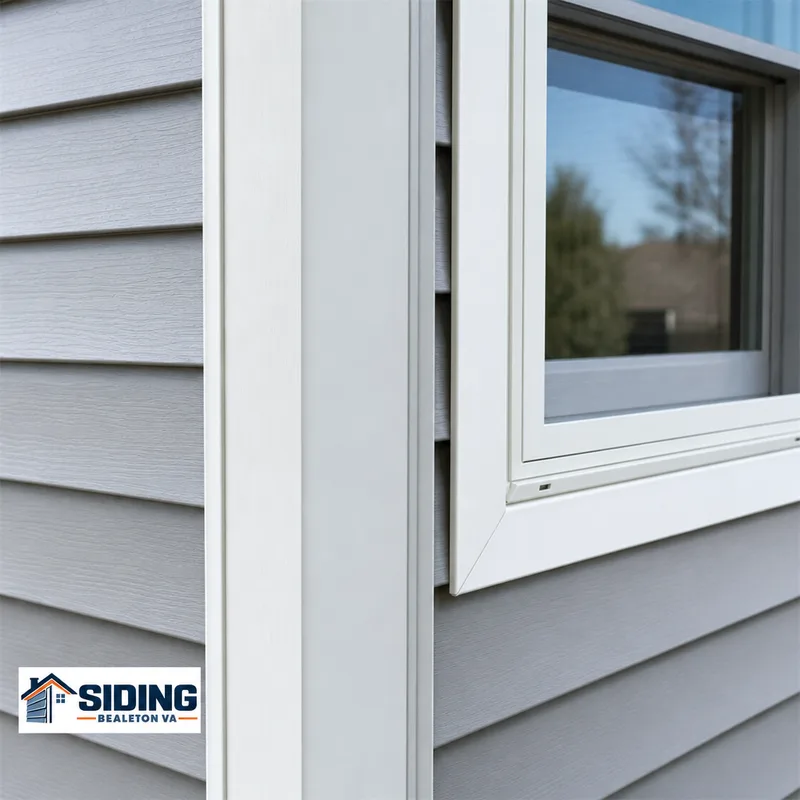 Close-up of a properly installed vinyl siding corner post and J-channel around a window with straight alignment and clean trim intersections