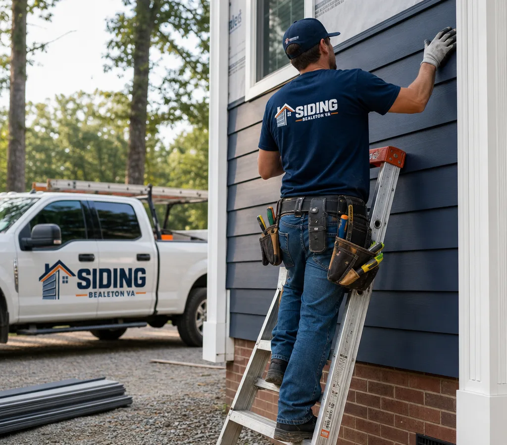 Contractor installing vinyl siding on a single-family home with straight courses, trim, ladder, and siding panels visible