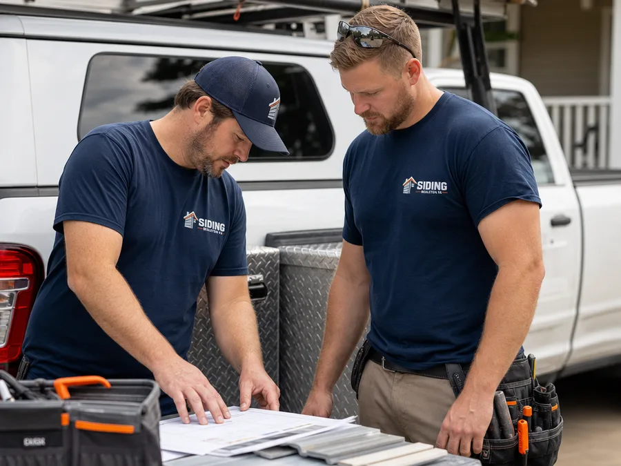 Two-person siding crew reviewing plans and material samples beside a neatly staged work truck